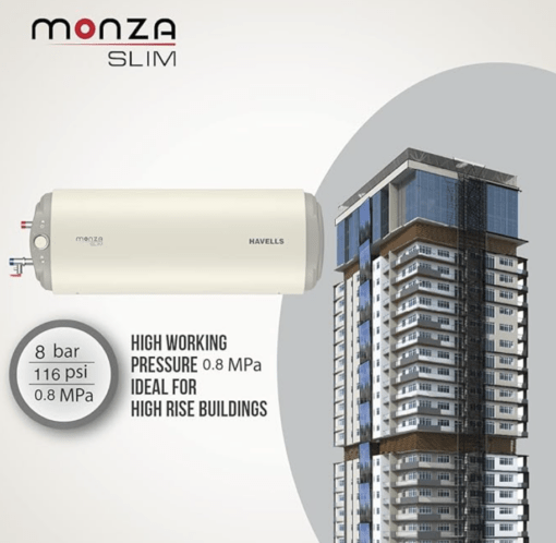 Havells Monza Slim25 L Horizontal Left Wall Water Heater,Metallic Body,2000 Watt,With Free Flexi Pipe And Free Installation,Warranty: 7Yr On Inn.Container;4Yr On Heating Element; 2Yr Compre.,(White) - Image 2